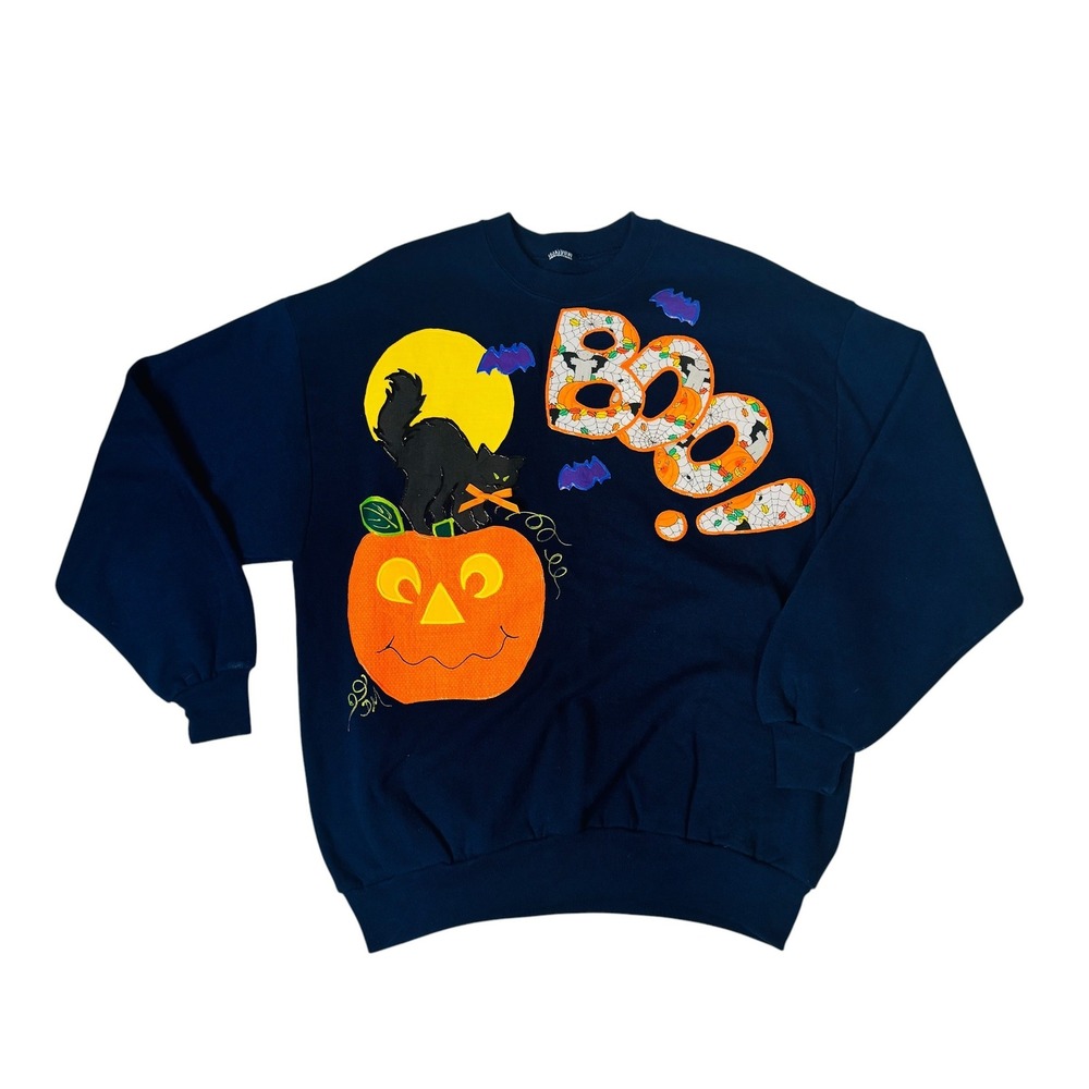Vintage Halloween Sweatshirt Navy Blue Black Cat Pumpkin Boo Applique 90s L-XL